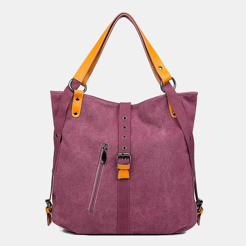 Large Capacity Multifunctional Retro Tote Bag Convertible Backpack - HotPink - image 13