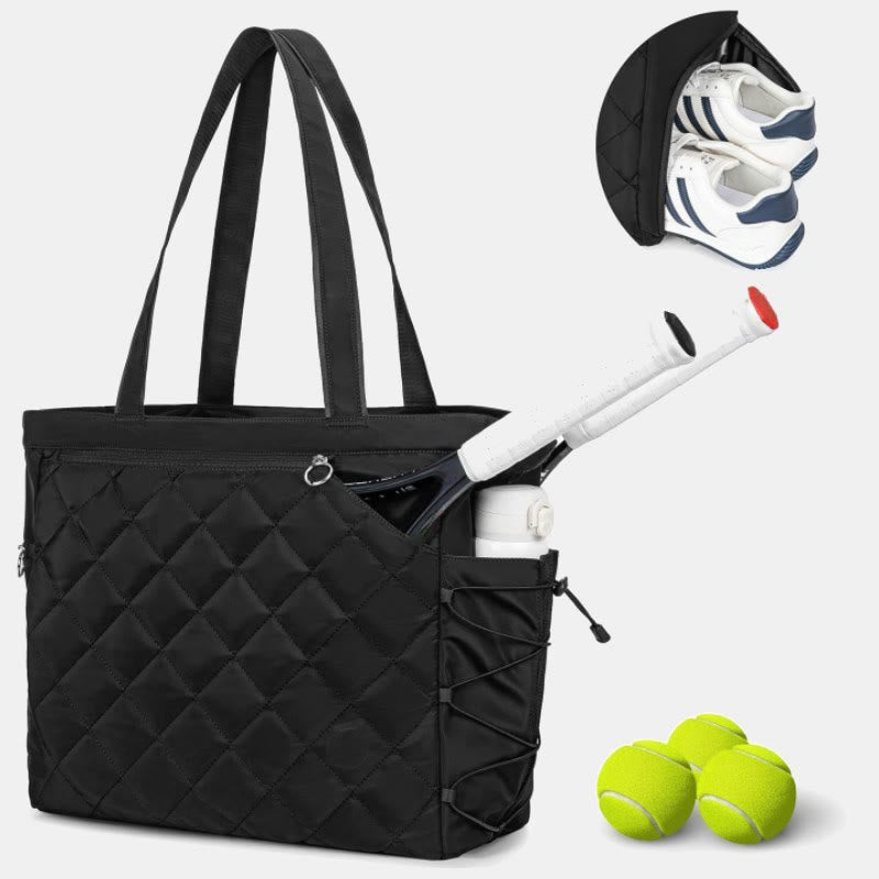 Waterproof Quilted Racket Bag Tote for Tennis Picketball Tote Shoulder Bag - Black - image 9