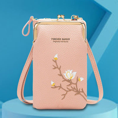 Elegant Embroidered Phone Bag Women Mini Crossbody Leather Purse