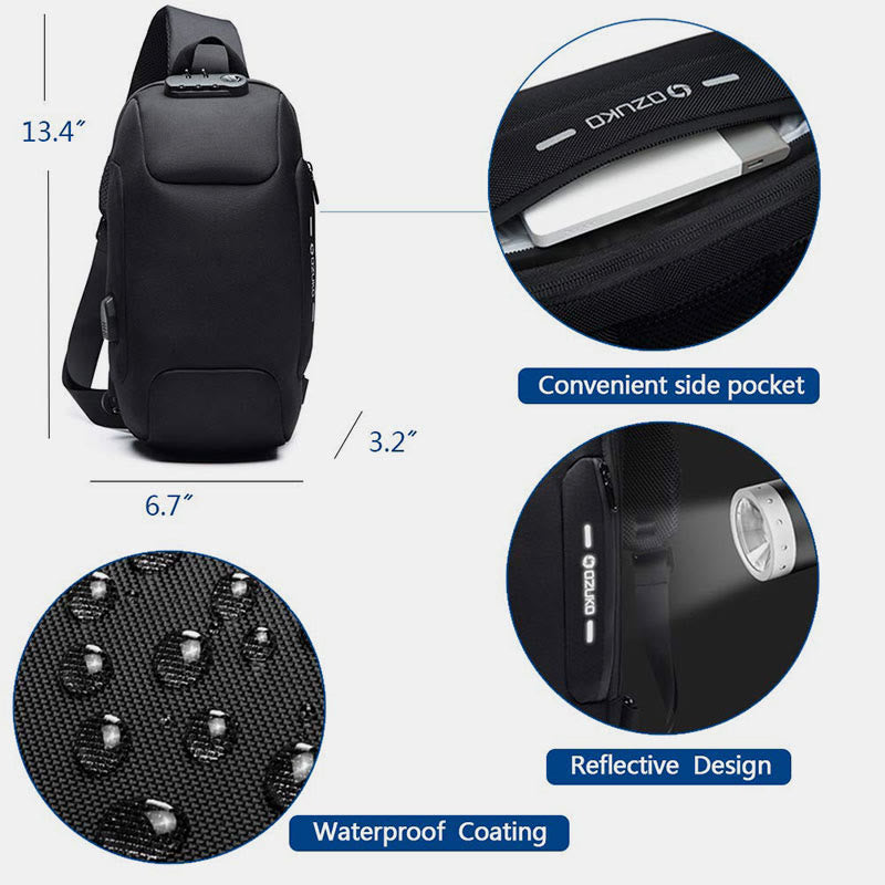Multi-Pocket Fashion Sling Bag Chest Bag with Passport Lock USB Charging Port
