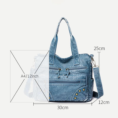 Denim Color Tote Handbags Big Capacity Faux Leather Shoulder Purse