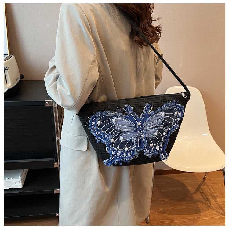 Embroidery Butterfly Shoulder Bag Cotton Linen Crossbody Purse For Women