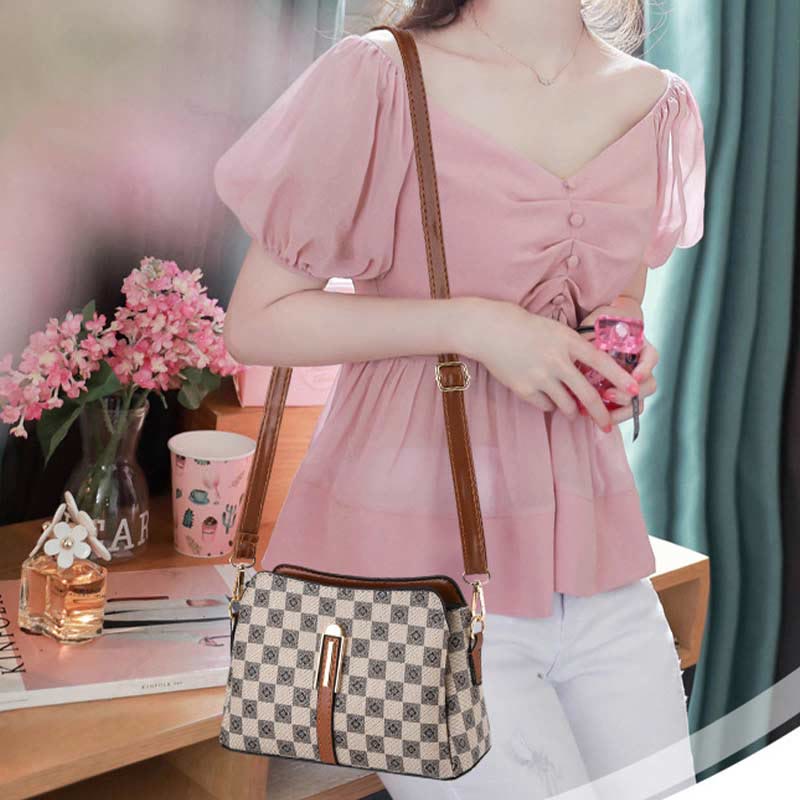 Triple Compartment Plaid Satchel Women Leather Chic Crossbody Bag