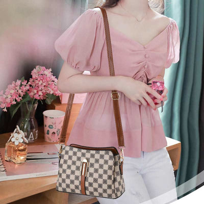 Triple Compartment Plaid Satchel Women Leather Chic Crossbody Bag