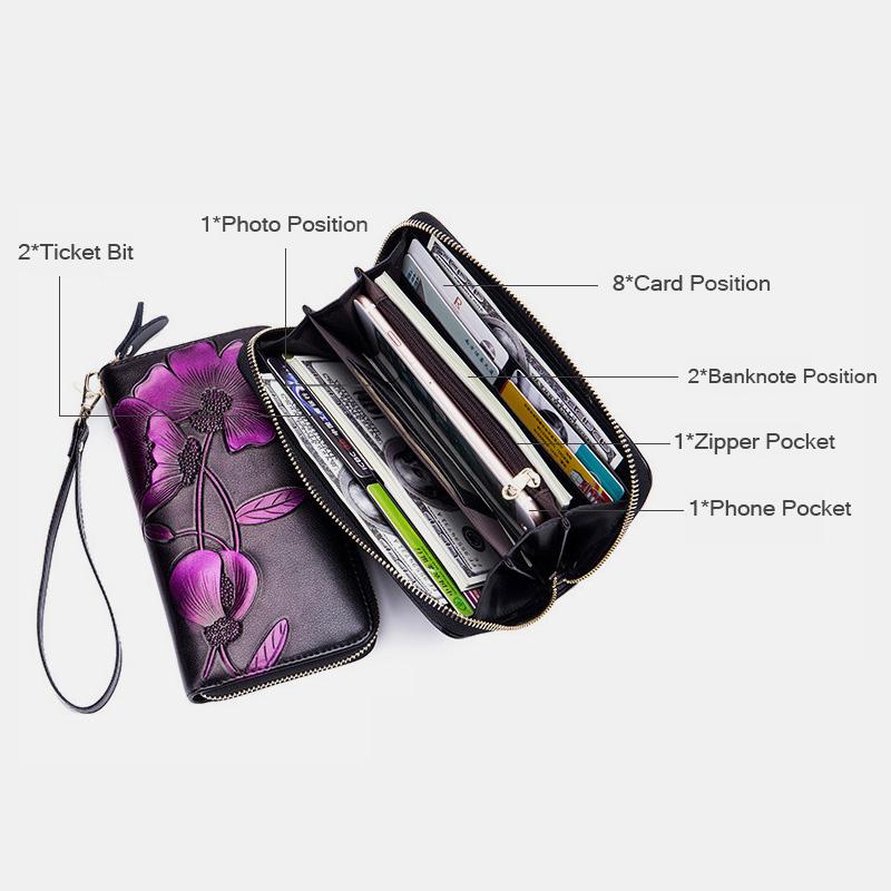 RFID Genuine Leather Vintage Floral Embossing Wallet
