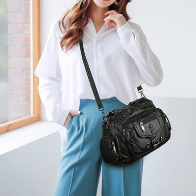 Tote Bag For Women Vintage Riveted Multi-Pocket Leather Crossbody Bag