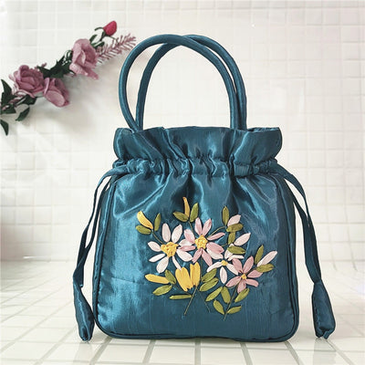 Embroidery Floral Clutch Drawstring Bucket Bag Handbag Party Bag