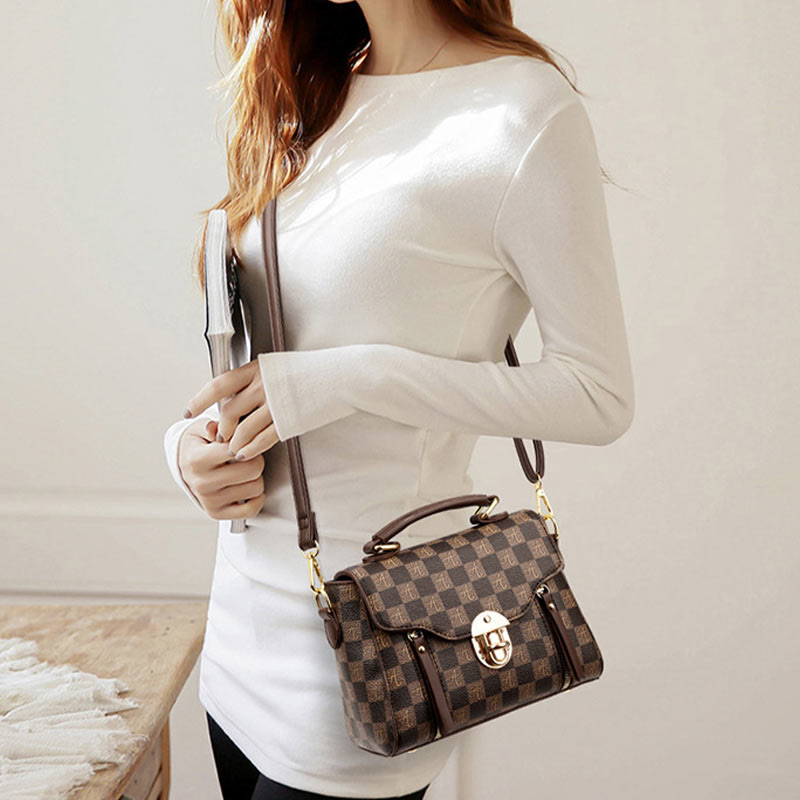 Classic Plaid Embossing Handbag Women Vegan Leather Retro Crossbody Bag