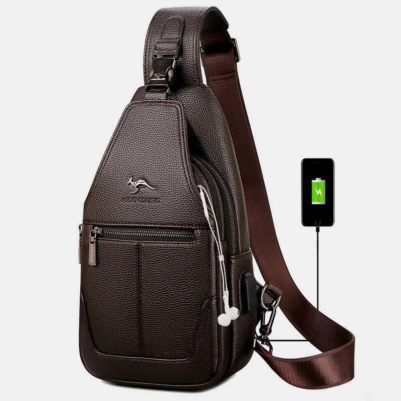 Multiple Pockets Leather Sling Chest Bag for Men with USB Charging Port