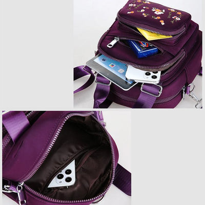 Multi-Compartment Waterproof Embroidery Floral Backpack Daypack Crossbody Bag