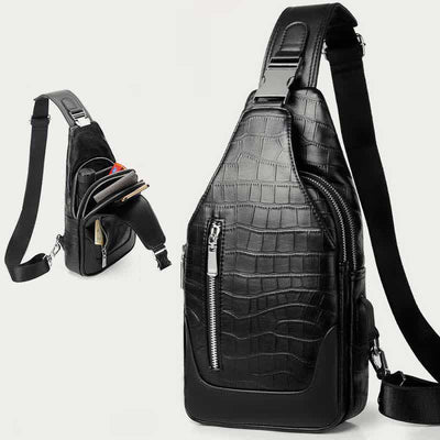 Crocodile Grain Leather Sling Backpack Shoulder Bag for Men Travel Daypack