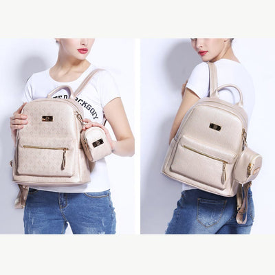 Womens Backpack Simple Embossed Leather Plain Color Student Purse