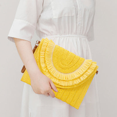 Tassel Beach Clutch for Women Raffia Woven Envelop Bag with Shoulder Strap