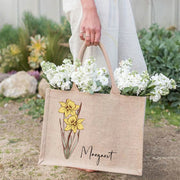 Custom Birth Floral Print Tote Large Shopping Travel Beach Burlap Handbag