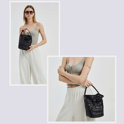 Puffer Drawstring Bucket Bag for Women Down Satchel Quilted Shoulder Bag