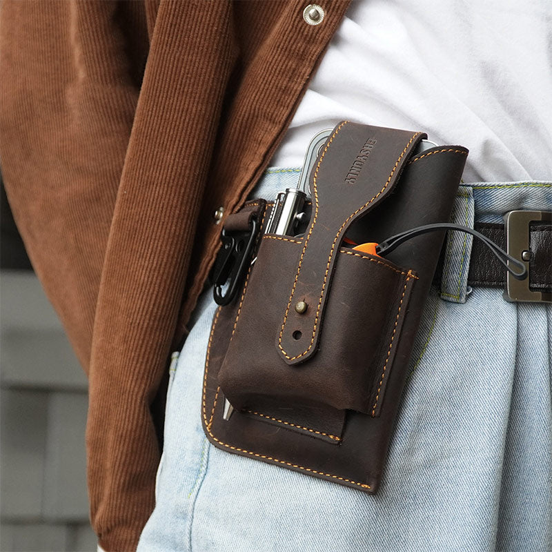 Vintage Outdoor Activity Genuine Leather Waist Phone Bag with Keychain