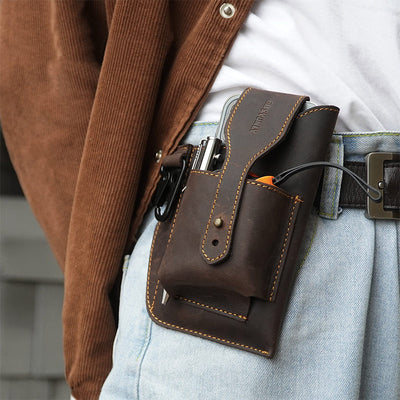 Vintage Outdoor Activity Genuine Leather Waist Phone Bag with Keychain