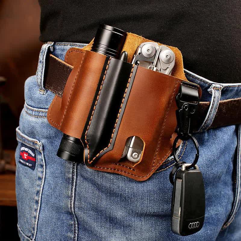 Leather Multitool Sheath for Belt EDC Belt Organizer with Key Holder