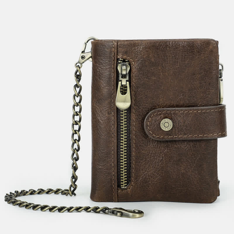 Men's Genuine Leather RFID Blocking Bifold Wallet with Anti-theft Chain