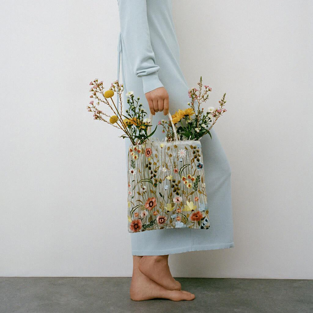 Handbag For Women Mesh Hand-Embroidered Flowers Portable Shoulder Bag