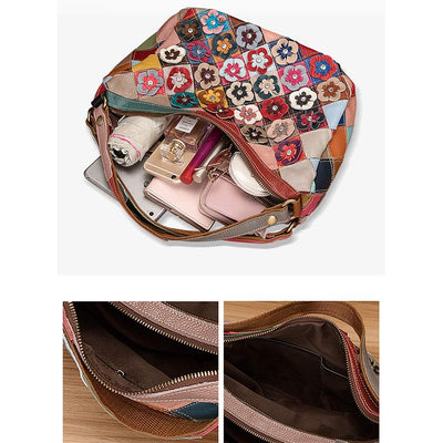 Multi-Color Floral Genuine Leather Boston Bag Hobo Tote Handbag Crossbody Bag