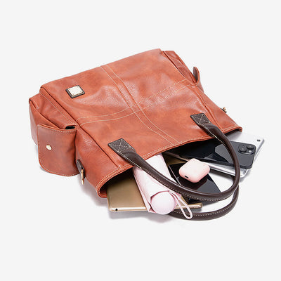 Plain Color Tote Cross Pattern Oil Wax Leather Women Handbag