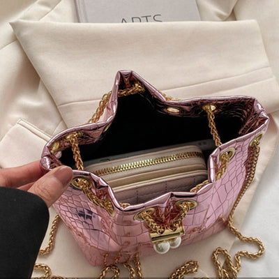 Evening Bag For Party Crocodile Pattern Sparkly Leather Bucket Bag