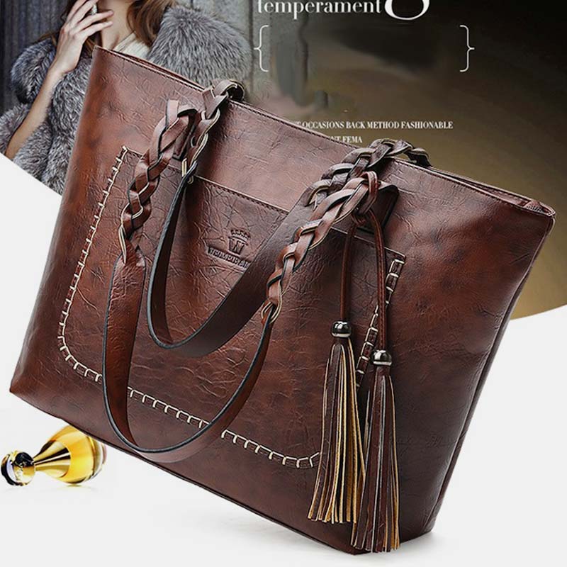 Large Capacity Business Office Handbag Women's Soft PU Tassel Tote Shoulder Bag
