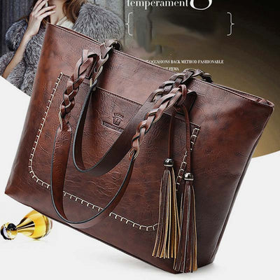 Large Capacity Business Office Handbag Women's Soft PU Tassel Tote Shoulder Bag