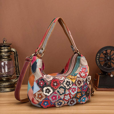 Multi-Color Floral Genuine Leather Boston Bag Hobo Tote Handbag Crossbody Bag