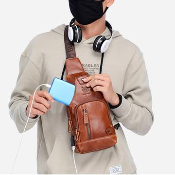 USB Charging Real Leather Sling Bag