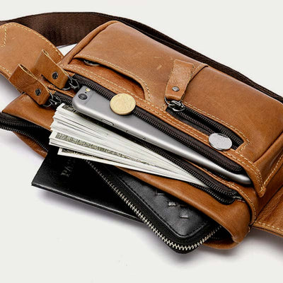 Men Classic Leather Sling Bag Waist Bag with Ajustable Strap