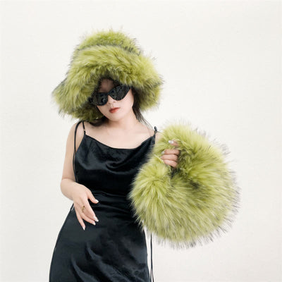 Faux Fur Soft Hat Bag Set For Women Winter Dating