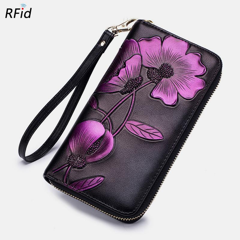 RFID Genuine Leather Vintage Floral Embossing Wallet