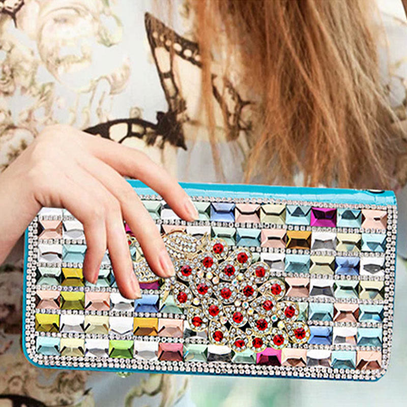 Long Leather Clutch For Women Diamond Encrusted Coin Wallet