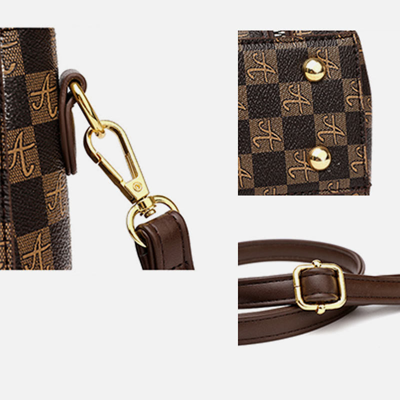 Classic Plaid Embossing Handbag Women Vegan Leather Retro Crossbody Bag