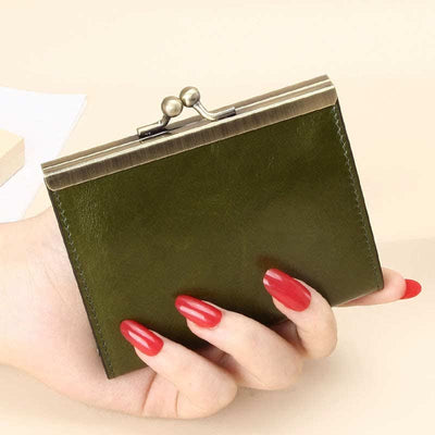 Genuine Leather Small Wallet Kiss Lock Change Coin Purse Card Holder