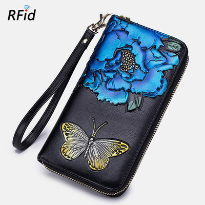 RFID Genuine Leather Vintage Floral Embossing Wallet