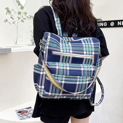 Multifunciton Casual Women Rucksack Daypack Leather Plaid Backpack With Shoulder Strap