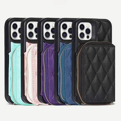 iPhone Phone Case Quilted Leather Wallet Case Card Holder with Crossbody Strap
