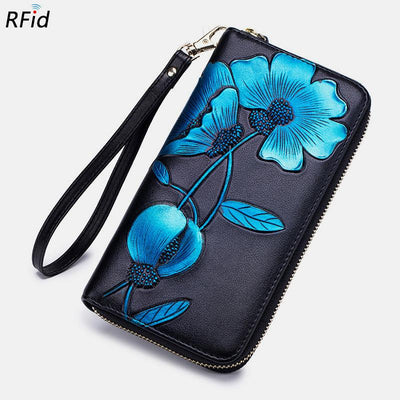 RFID Genuine Leather Vintage Floral Embossing Wallet
