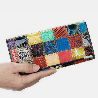 Genuine Leather Splicing Color Block Wallet Trifold Long Purse