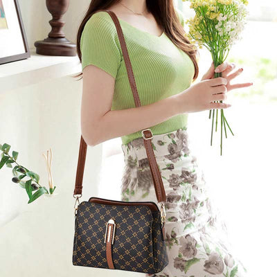 Triple Compartment Plaid Satchel Women Leather Chic Crossbody Bag