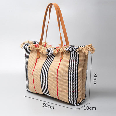 Tassel Canvas Handbag For Women Large Buckle Closure Tote