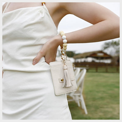 Silicone Bead Wrist Bag Womens Leather Tassel Card Holder