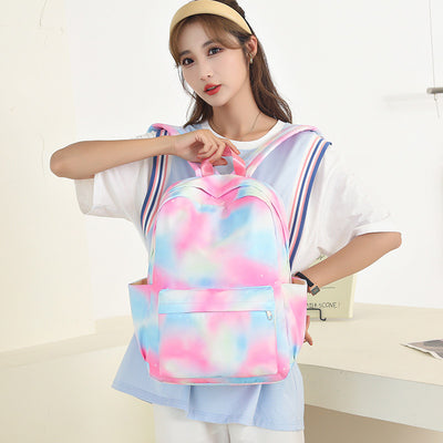 3Pcs Tie-dye Girls Backpack School Bookbag Set Students Women Canvas Daypack