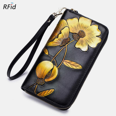 RFID Genuine Leather Vintage Floral Embossing Wallet