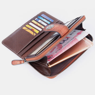 Genuine Leather Clutch Zipper Long Cellphone Wallet Purse with Removable Wristlet