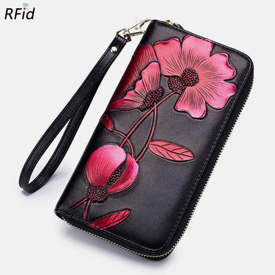 RFID Genuine Leather Vintage Floral Embossing Wallet