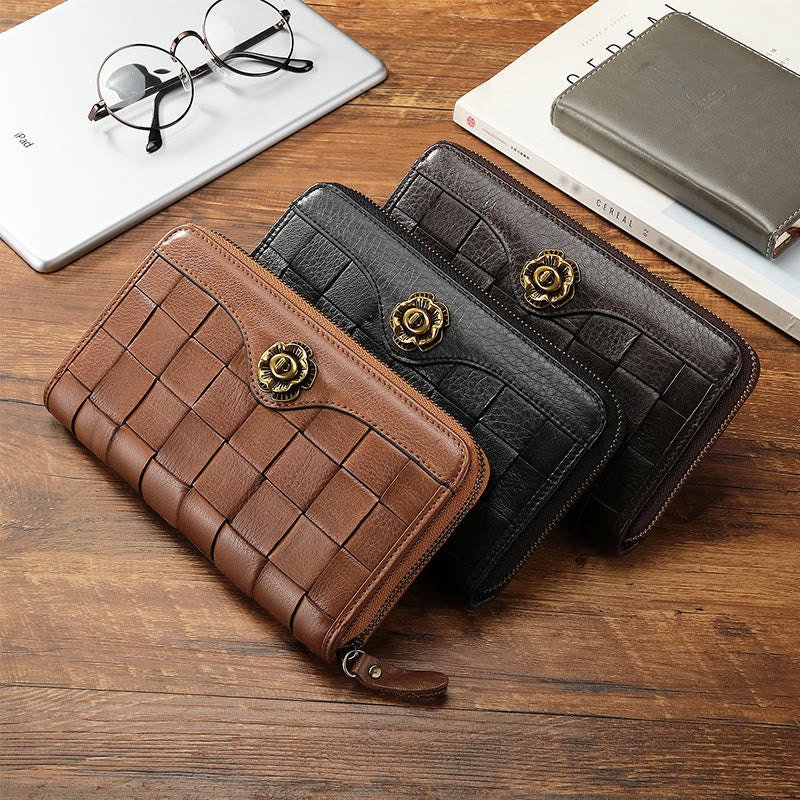 Leather Woven Wallet For Women Men Long Multifunction Clutch Bag